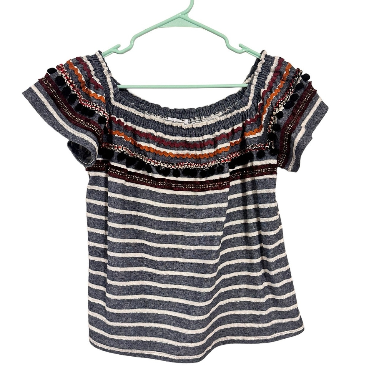 Thml Mara Off (Or On) The Shoulder Knit Top Size Large Blue And White